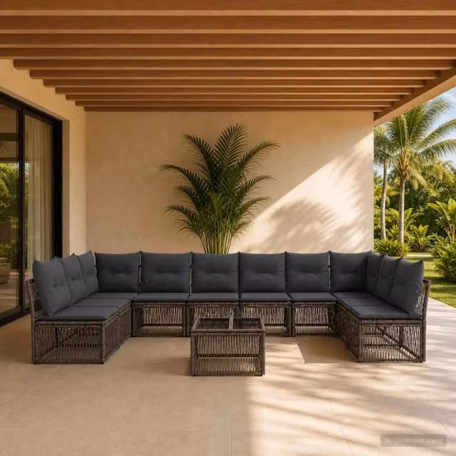 Set Divano da Giardino vidaXL in Polyrattan Grigio con Tavolino e Cuscini 11 Pezzi – 1