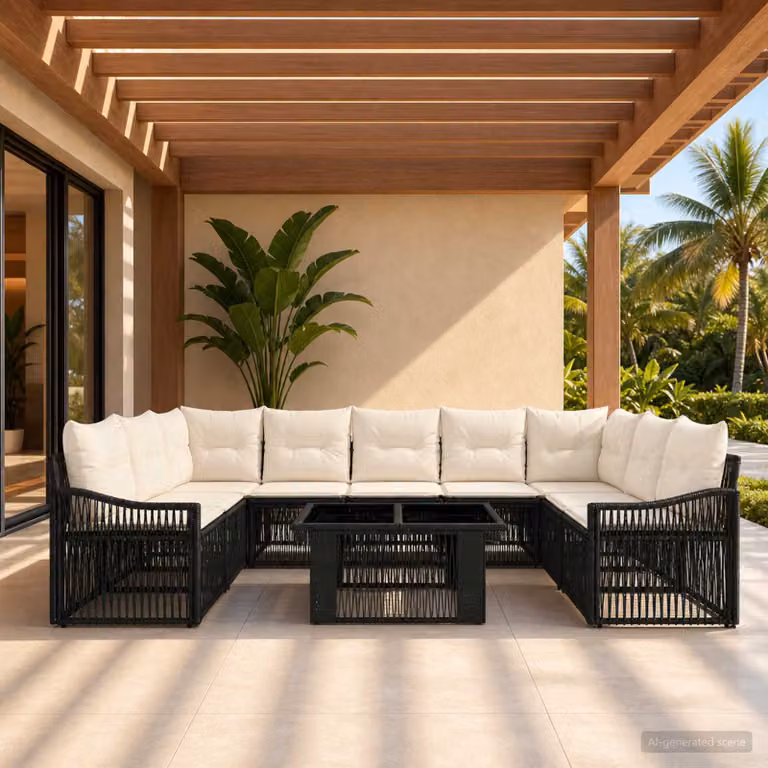 Set Divano da Giardino vidaXL 10 pz a forma a U con Tavolino, Colore Nero e Bianco Crema, in Polyrattan e Metallo con Cuscini Inclusi