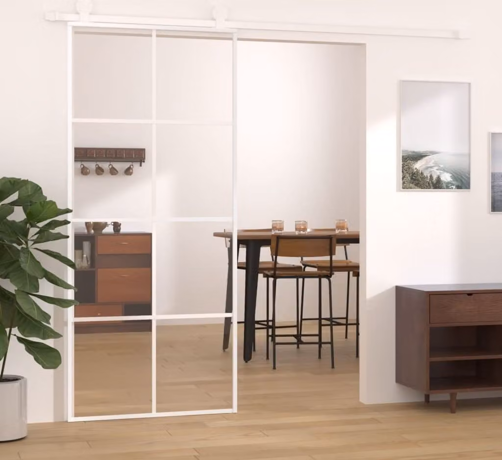 The Living Store Porta scorrevole ESG in vetro e alluminio 90x205 cm Bianco