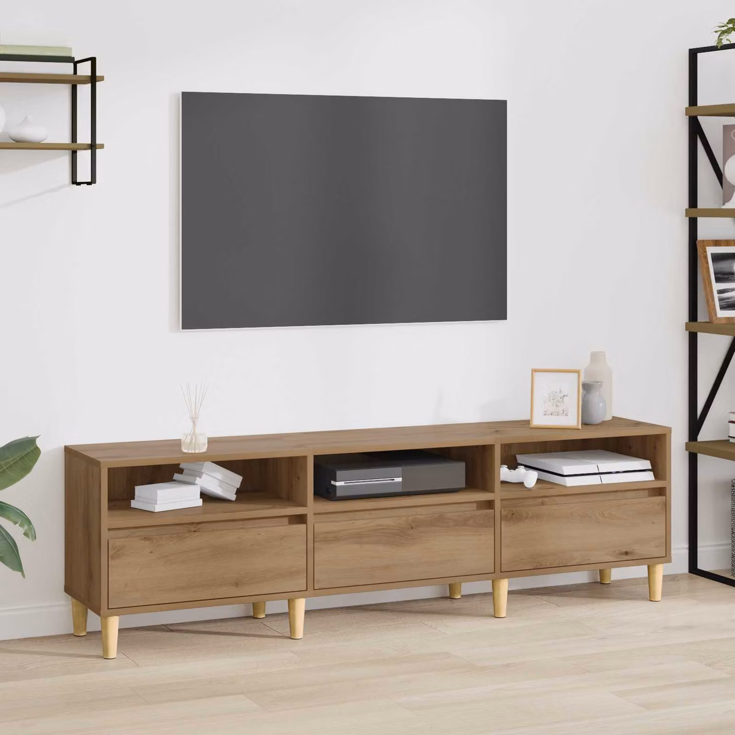 Mobile TV vidaXL in rovere artigianale marrone con scomparti multimediali L/P/H: 150 x 30 x 45 cm