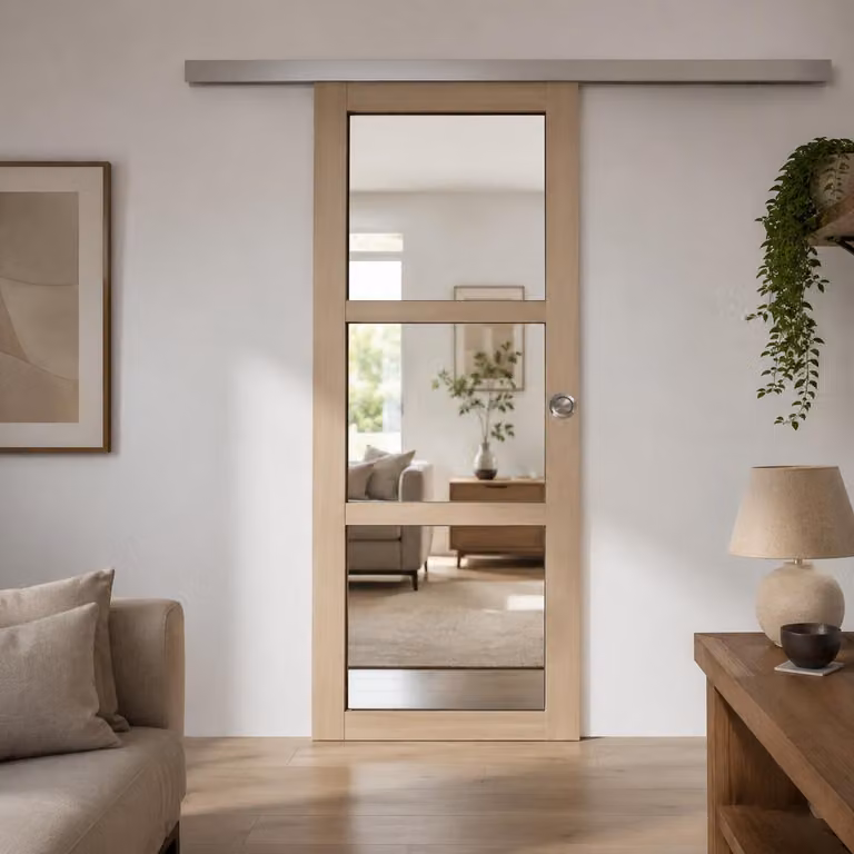 Porta scorrevole in legno Ayous con vetro trasparente H204 x L83 cm, binario in alluminio, gusci GD MENUISERIES