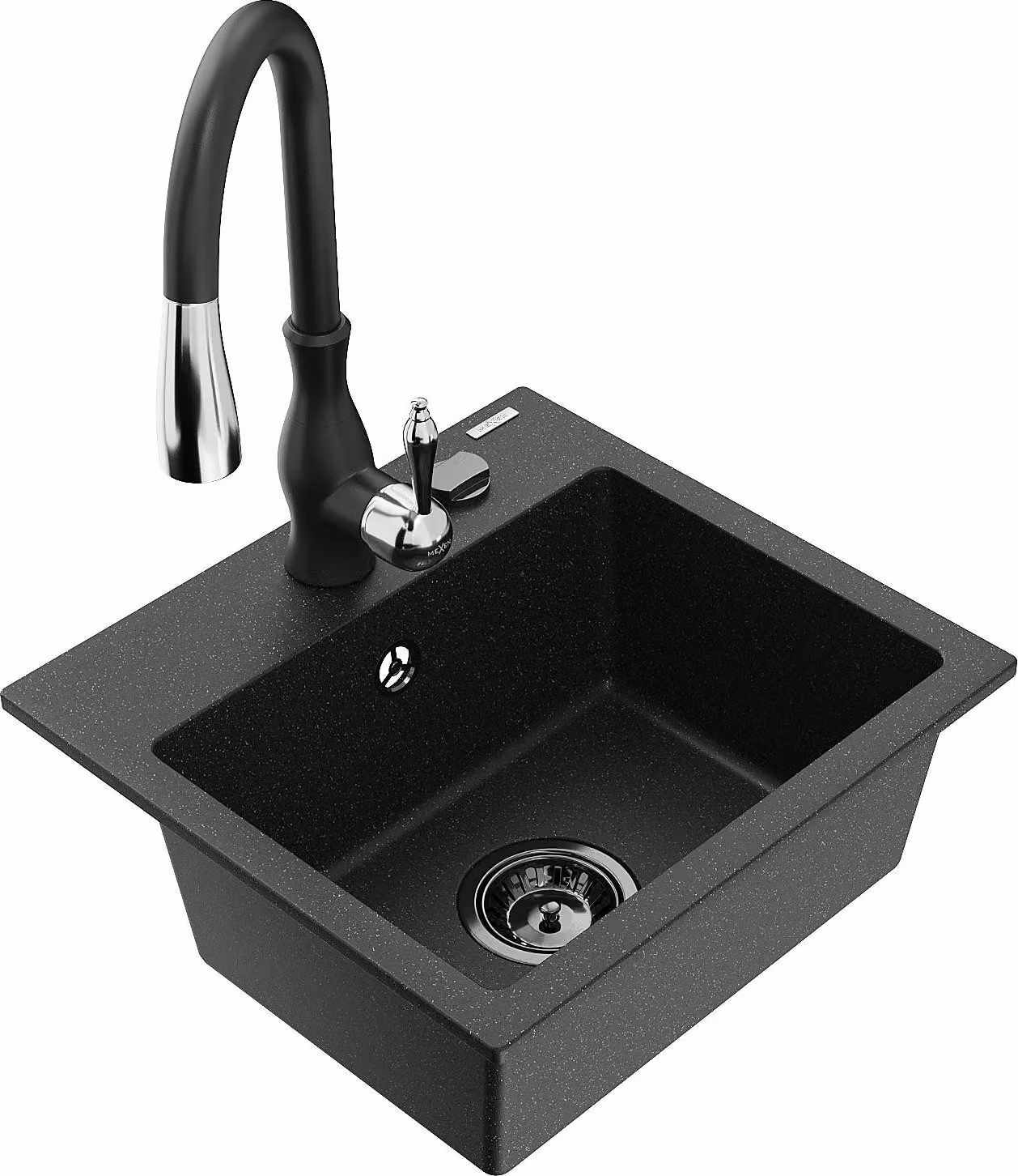 Mexen Milo lavello in granito a 1 vasca con miscelatore cucina Savita, nero/argento metallizzato- 6505-73-672601-70-B