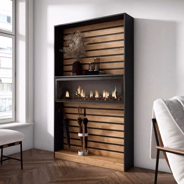Libreria scaffale, 110x25x186cm, Soggiorno, Ufficio, Camino elettrico, colore Rovere e nero RF2324