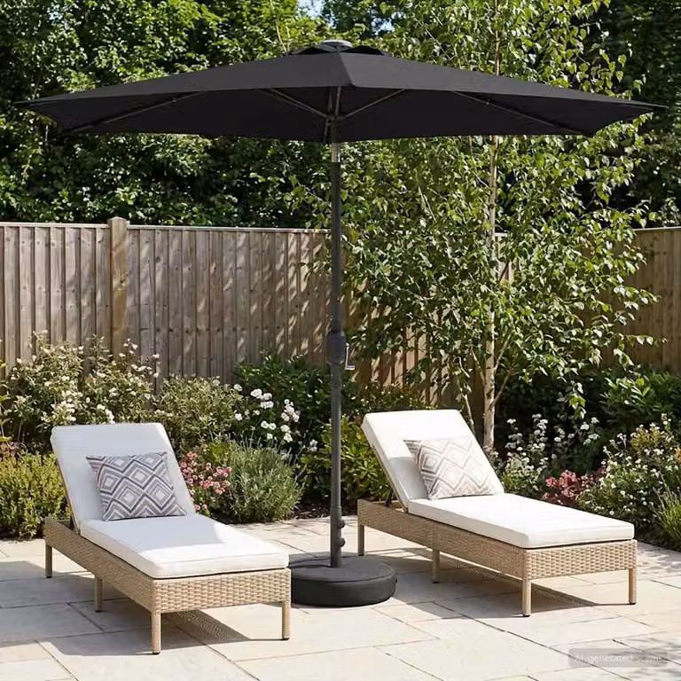 Parasol da giardino vidaXL con luci LED e base, colore nero, in poliestere, L: 269 cm x P: 269 cm