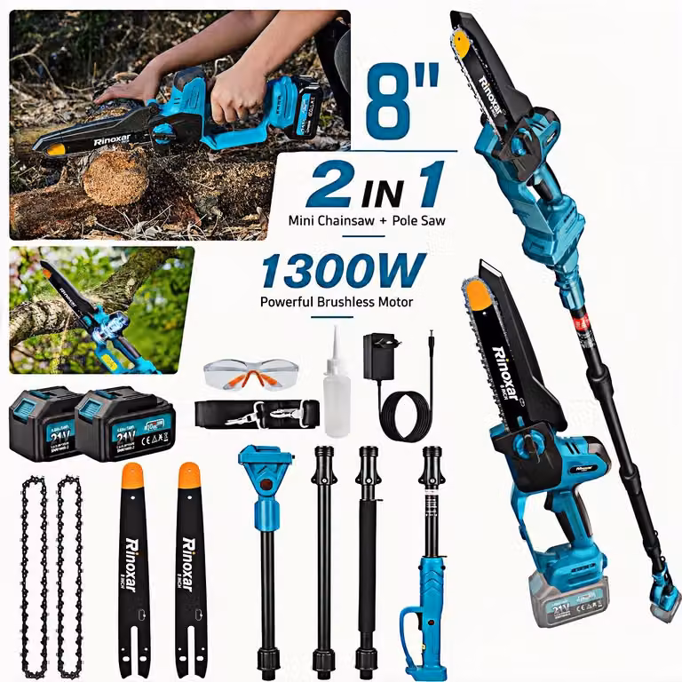 Troncatrice a batteria mini 2 in 1, 8 pollici, con asta telescopica e sensore a distanza, dotata di 2 batterie, motore brushless da 1300W, prolunga da 2 metri e sistema di lubrificazione automatica