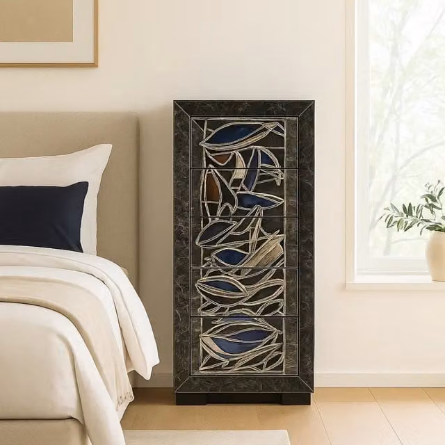 Cassettiera Leaves con 6 cassetti Duzzle in legno multicolore e nero con design moderno astratto
