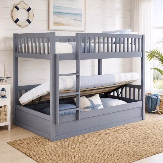 Letto a castello per bambini 90x200 cm in legno massiccio grigio con spazio contenitore idraulico