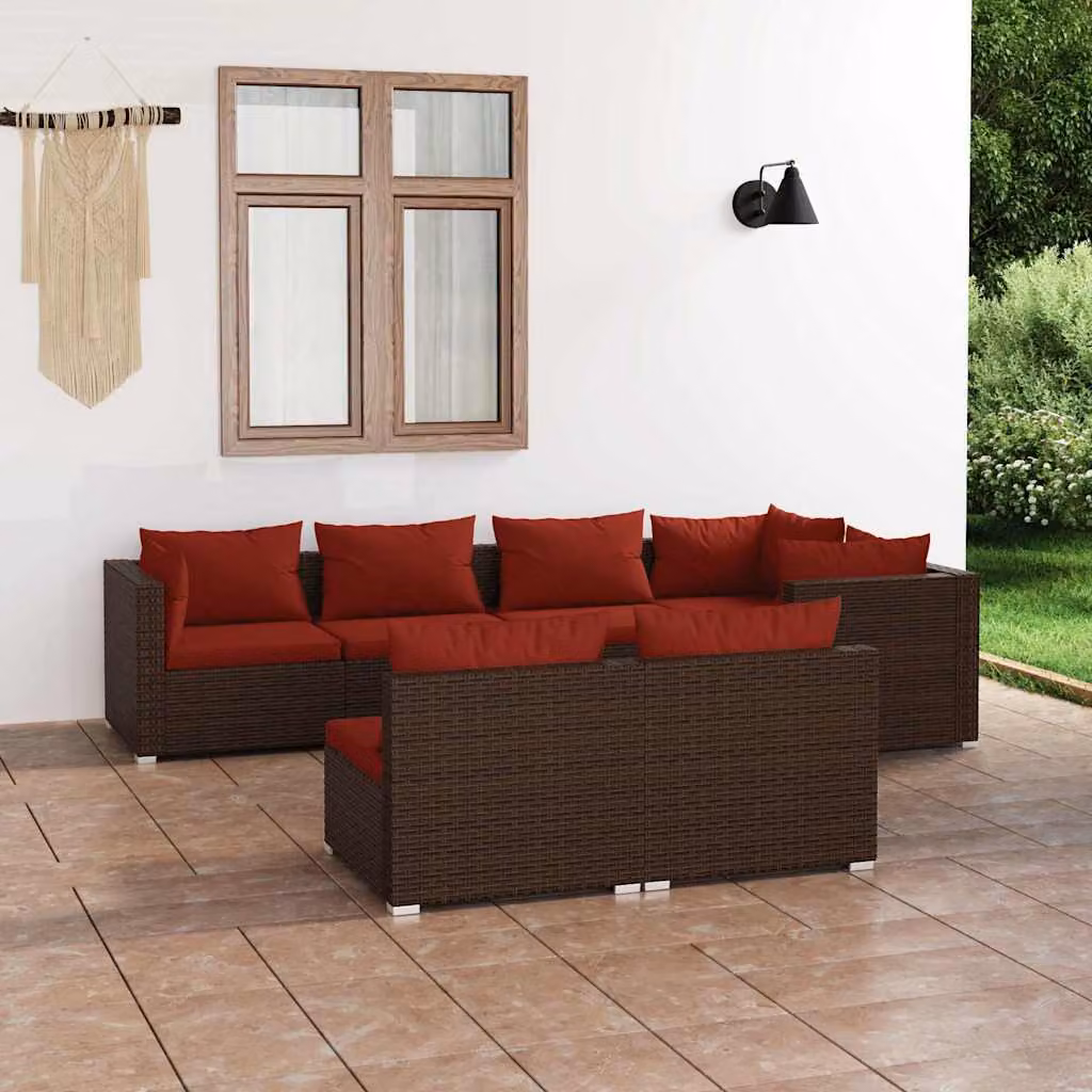 Set di divani da giardino vidaXL a forma di U composto da 7 pezzi con cuscini in rattan marrone e rosso e struttura in metallo