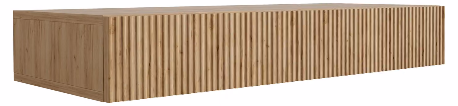 Comò sospeso con due cassetti, fronte con scanalature, in legno di frassino verniciato, dimensioni 100 x 39,6 x 16 cm