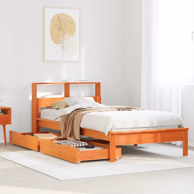 Letto Libreria senza Materasso-Struttura Letto con contenitore Marrone Cera 100x200 cm in Pino 294876