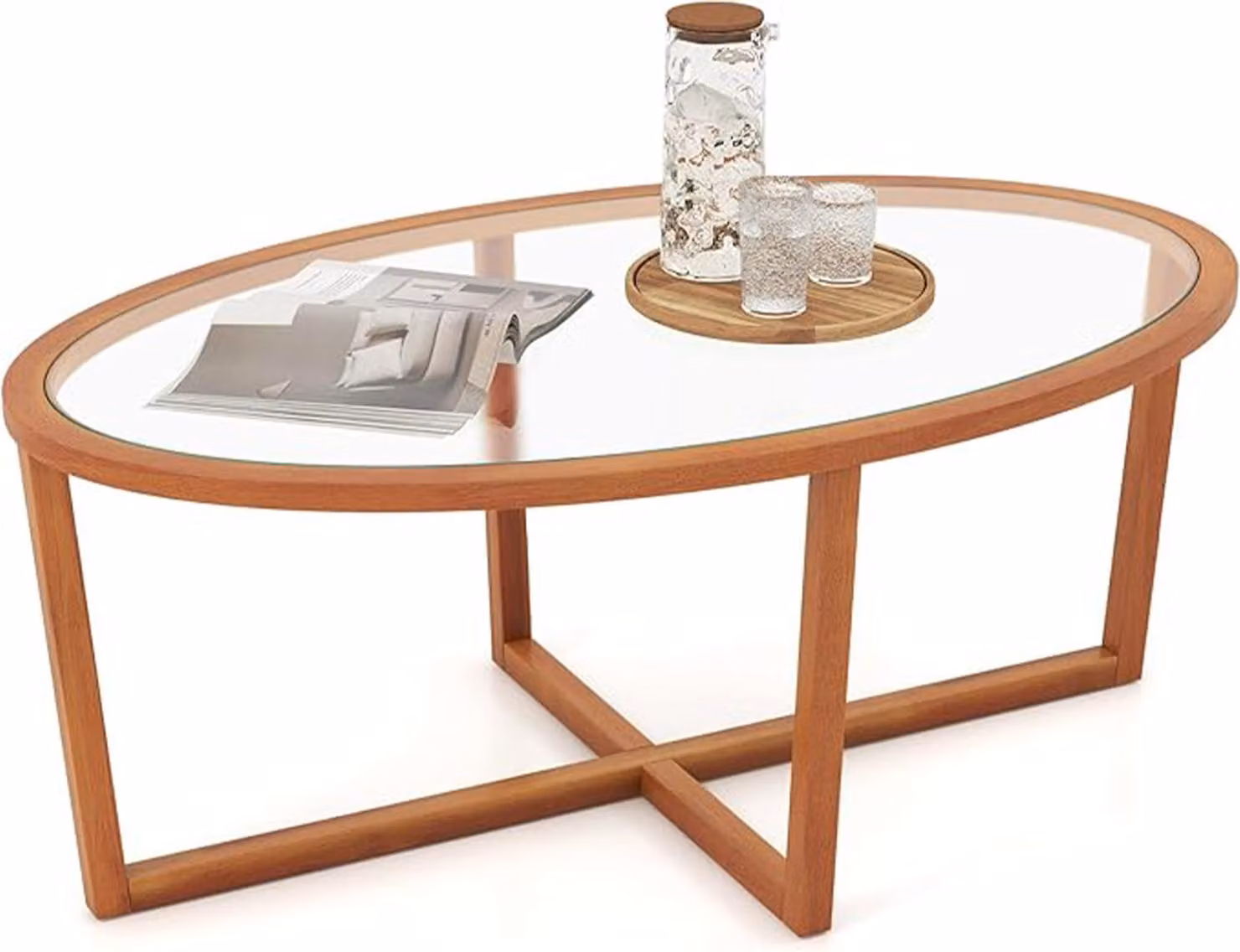 Tavolino in vetro, tavolino ovale moderno da 118 cm con vetro temperato trasparente e struttura in legno d'acacia, tavolino da salotto, marrone