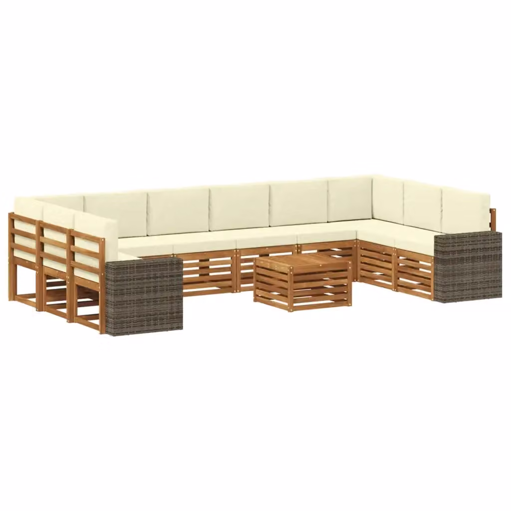 Set di divani da esterno vidaXL a forma di L composto da 11 pezzi con tavolino da caffè, in legno di acacia e tessuto resistente ai raggi UV, colore beige e bianco – 2