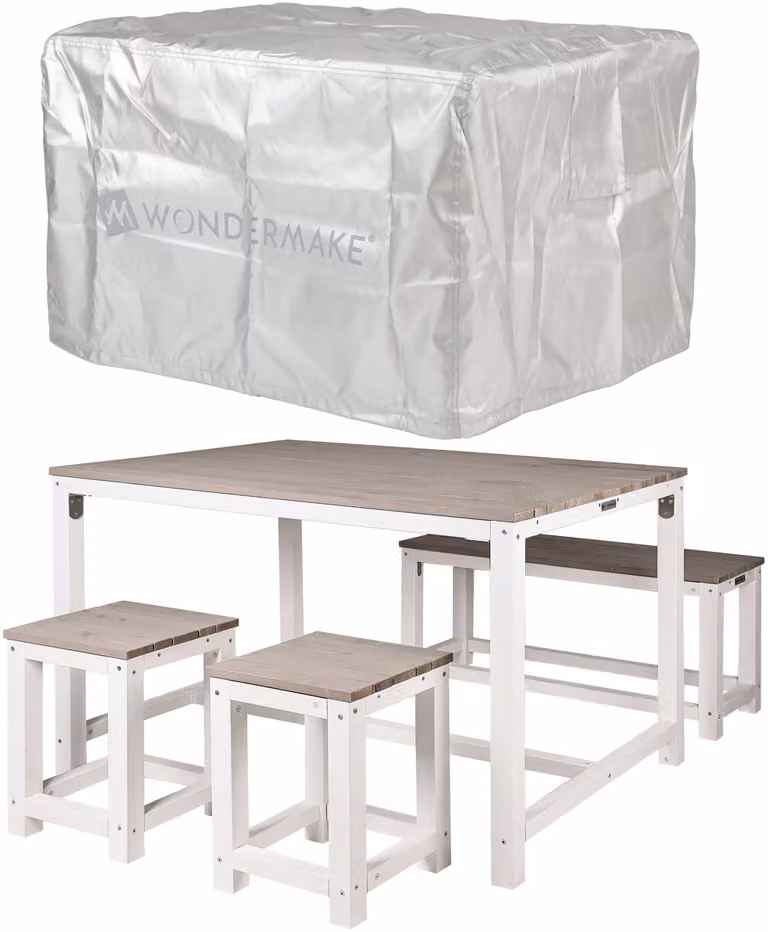 WONDERMAKE® Set di sedute in legno per giardino esterno balcone 4 persone, set da pranzo per esterni, set: tavolo panca sgabello, bianco grigio
