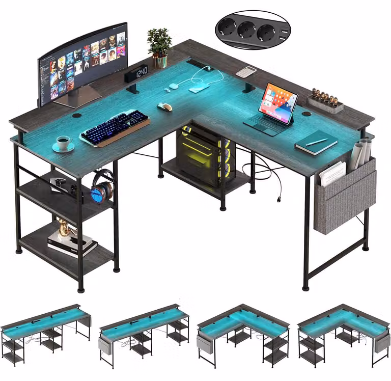 Scrivania a forma di L - Nera, con porte USB e LED RGB - 140x140x85 cm - Metallo e legno
