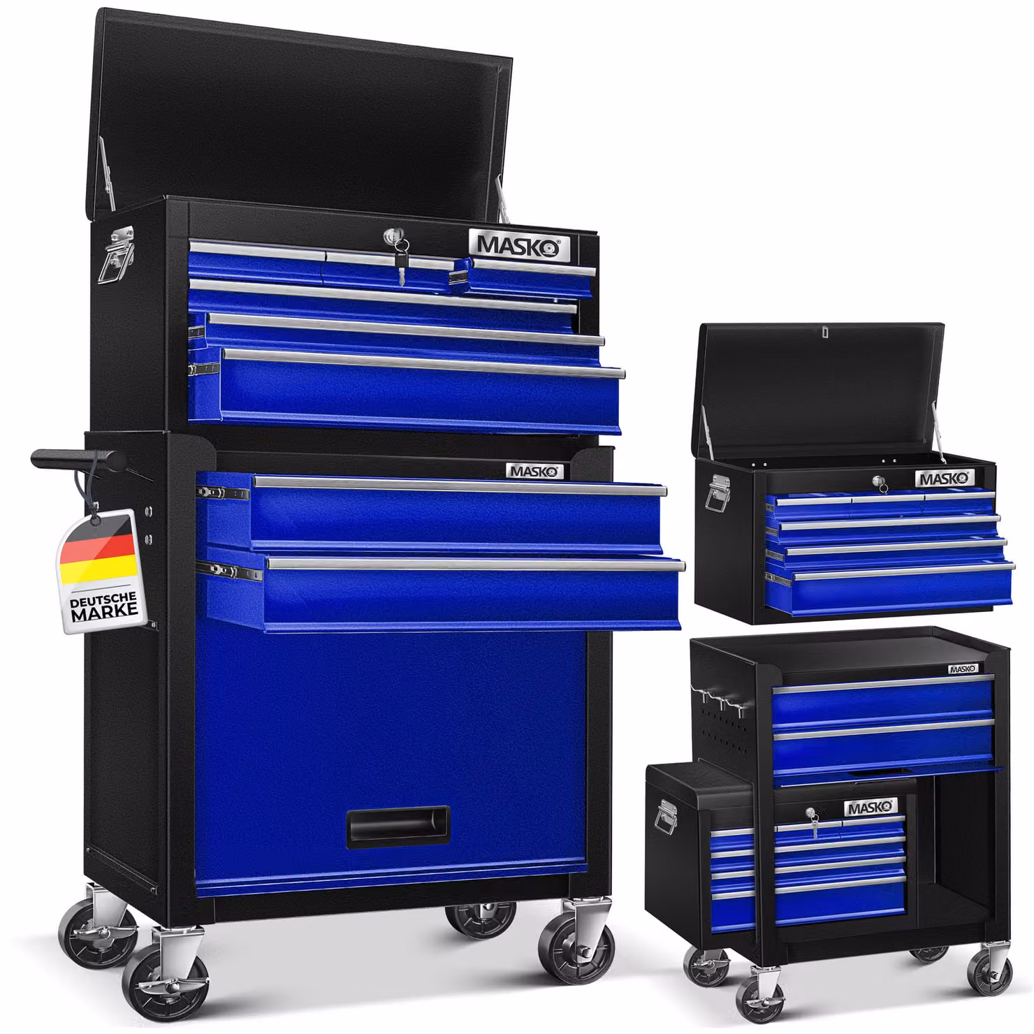 Carrello da officina MASKO® con serratura, 9 scomparti, struttura in metallo massiccio, completo di valigetta, senza attrezzi