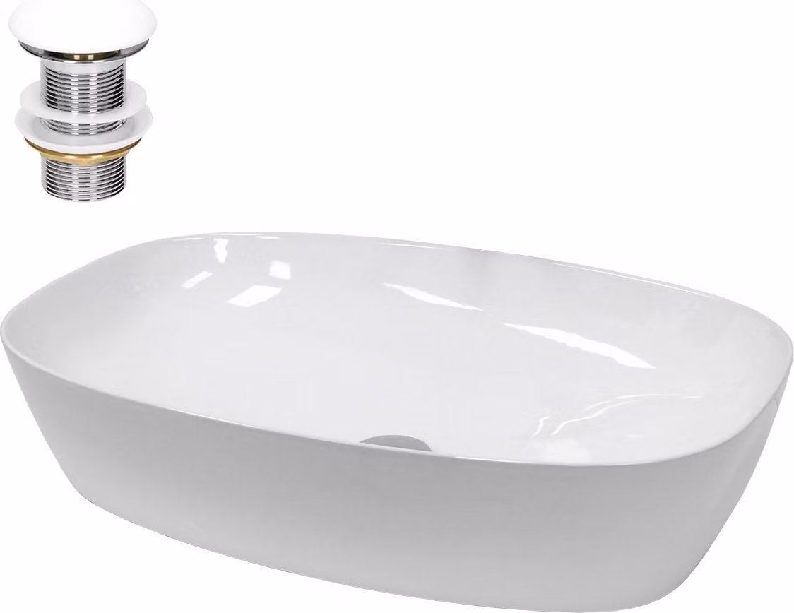 Lavabo LuxeBath Lavabo da appoggio ovale, 60,5x38x14 cm, bianco, in Vetroceramica, incl. set di scarico senza troppopieno