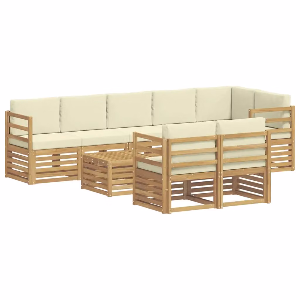 Set di divani da esterno a L vidaXL in legno di acacia con tavolo da caffè e cuscini, Bianco e Beige – 2