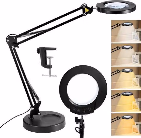 Lampada da ingrandimento LED regolabile Unyqoos® con morsetto – Ingrandimento 10x, 5 colori di luce, dimmeraggio continuo, alluminio, ideale per hobby e lavori manuali