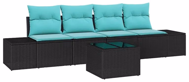 Set da giardino composto da 5 pezzi, in rattan sintetico nero e turchese