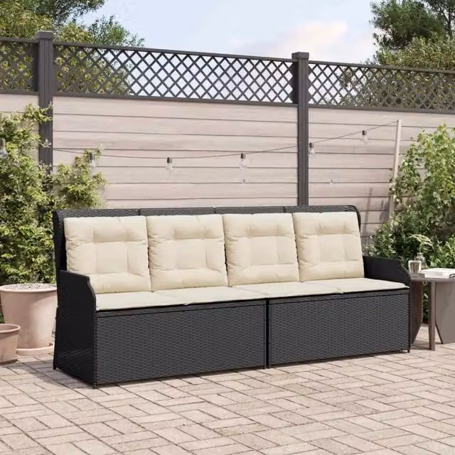 Panchina da giardino moderna vidaXL in rattan e metallo nera con braccioli L: 220 cm, P: 67 cm, H: 95 cm