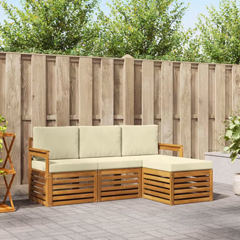 Set di divani da esterno vidaXL a forma di L in legno di acacia con pouf e cuscini, colore beige e bianco