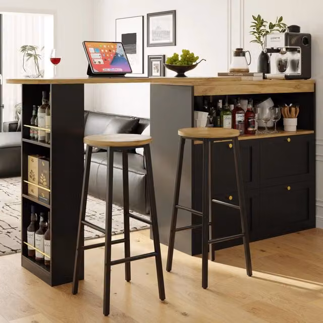 Set tavolo bar ULEVR 138/204x39x105 cm con 2 sgabelli, cassetti, vani e portabottiglie, nero effetto legno