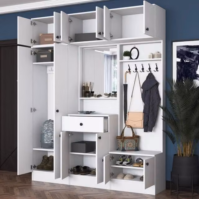 Torpenn, Mobile da Ingresso Moderno con Specchio e Ripiani Interni, Bianco, L: 180 cm, P: 36 cm, H: 226 cm