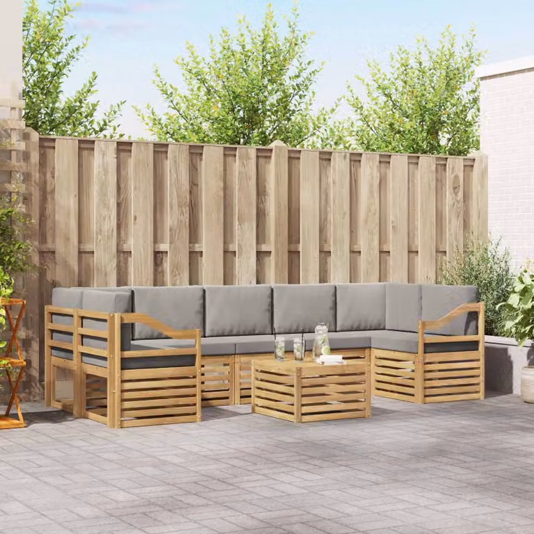 Set di divani da esterno vidaXL a forma di L composto da 8 pezzi con tavolo da caffè, in legno di acacia e tessuto in poliestere bianco e grigio