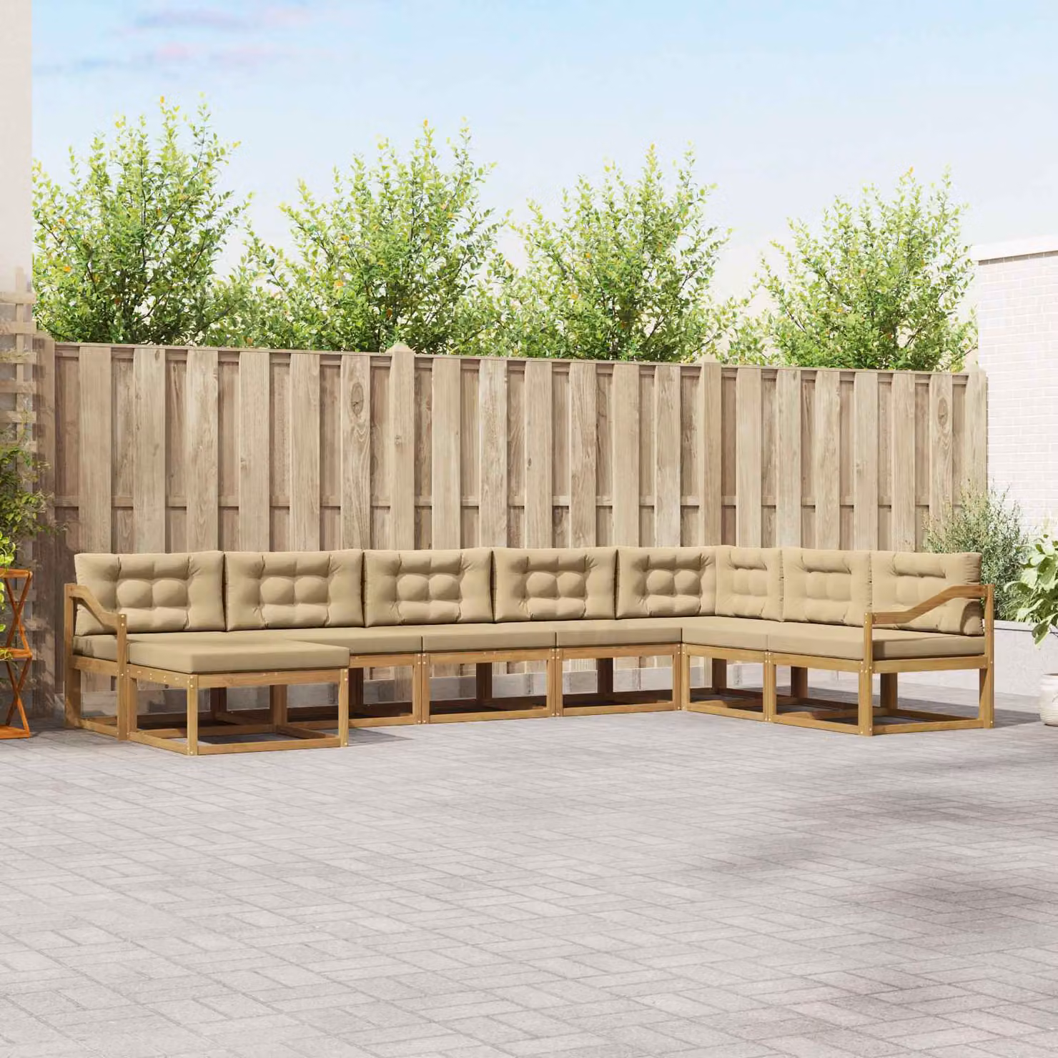 vidaXL Set di divani da esterno a L con pouf 8 pz, Bianco e Beige, in legno di acacia trattato con cuscini inclusi