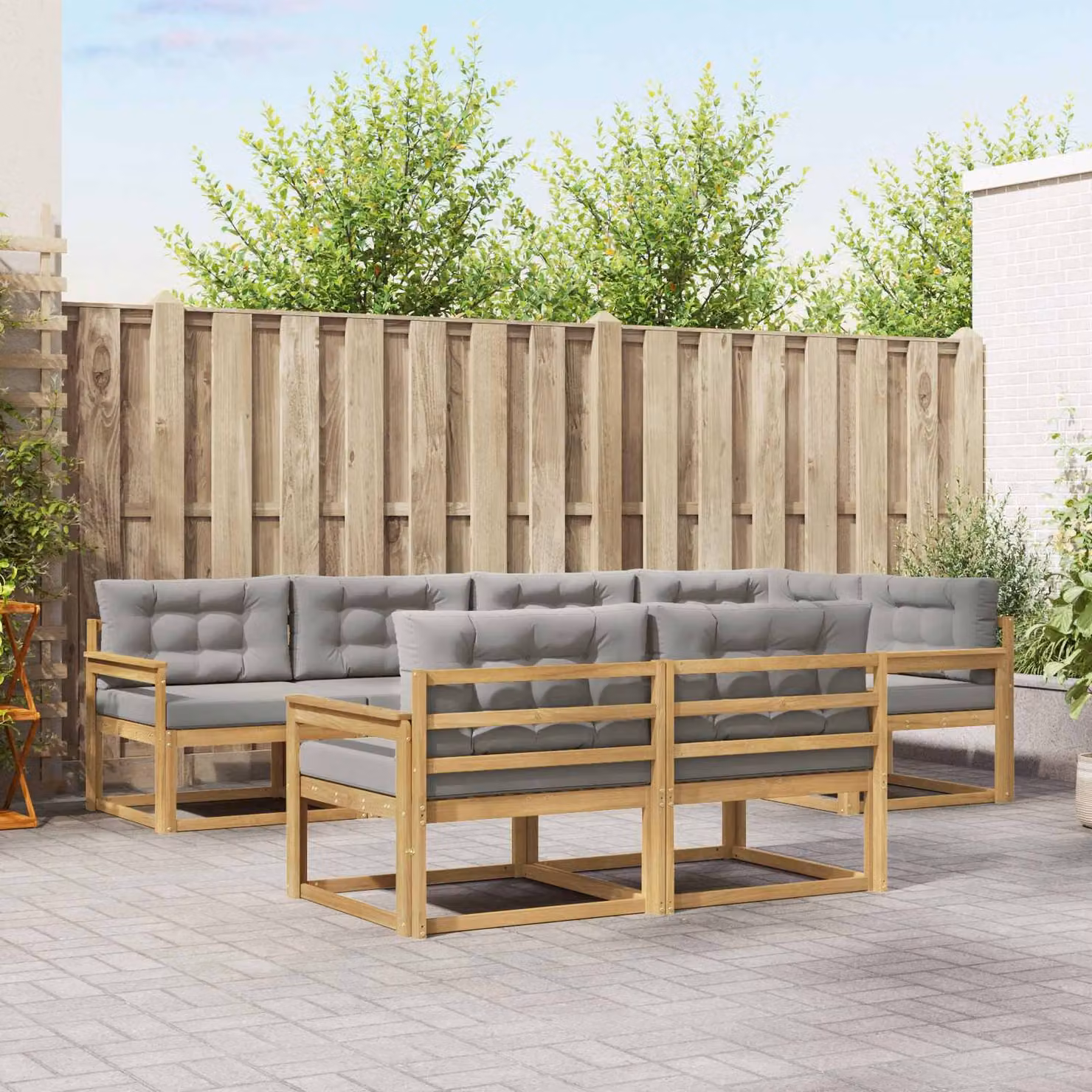 Set di divani da esterno vidaXL a forma di U in legno di acacia con cuscini, Bianco e Grigio