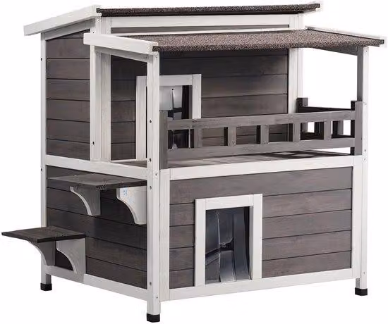 Casetta esterna, resistente alle intemperie, rifugio per animali selvatici, grande casetta in legno a 2 piani, con balcone, porte, paraspifferi in PVC e tetto aperto, dimensioni 750 x 751 x 820 mm, adatta a diverse gatte