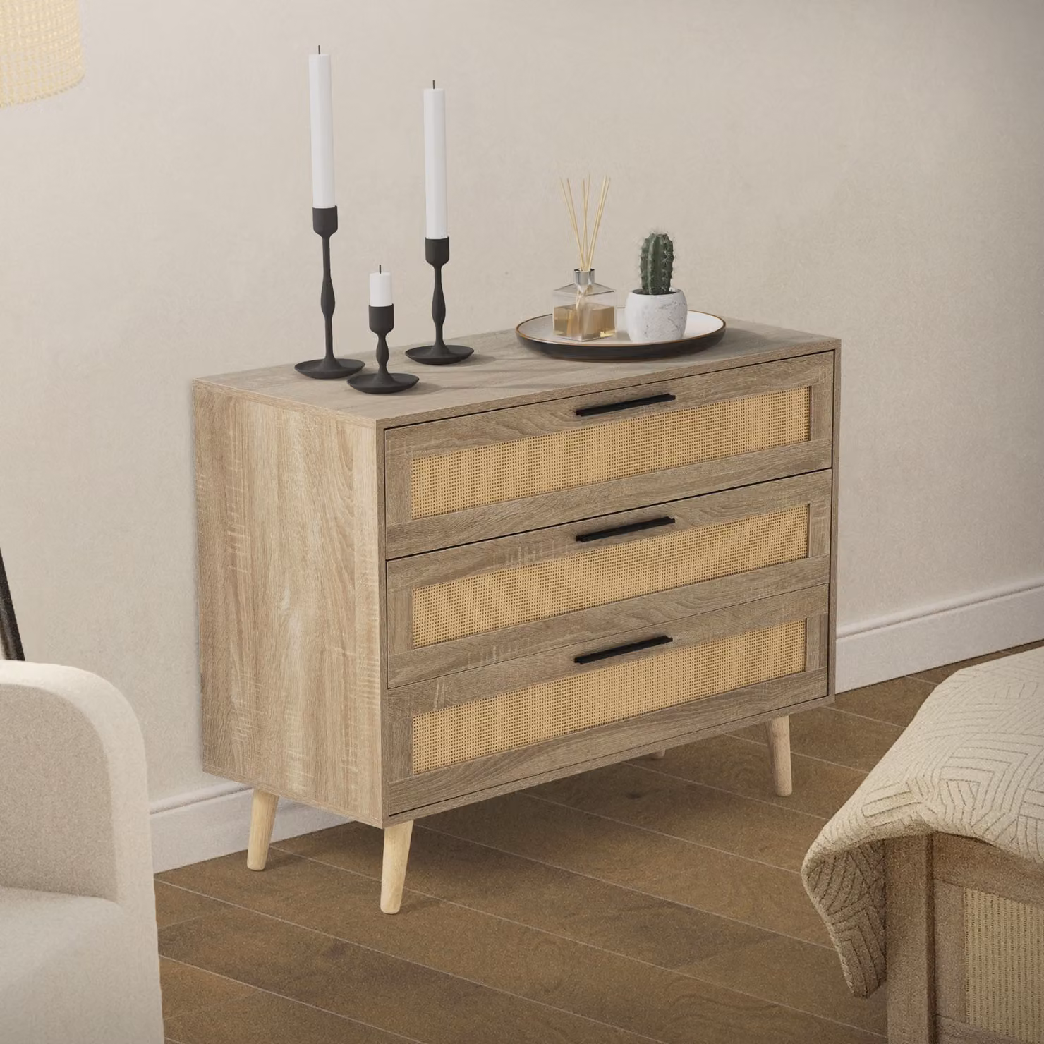 ML-Design credenza a cassettiera con frontale in rattan, 100x77x40 cm, effetto rovere, per soggiorno e corridoio