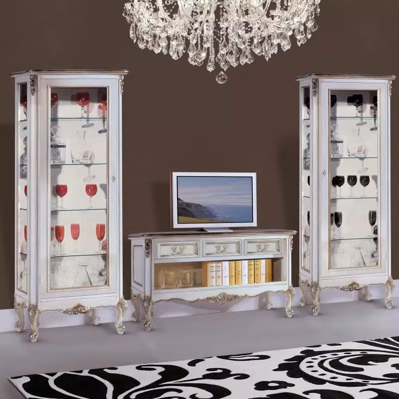 Parete attrezzata classica in legno stile shabby chic bianco e argento Mobili 2G – 2