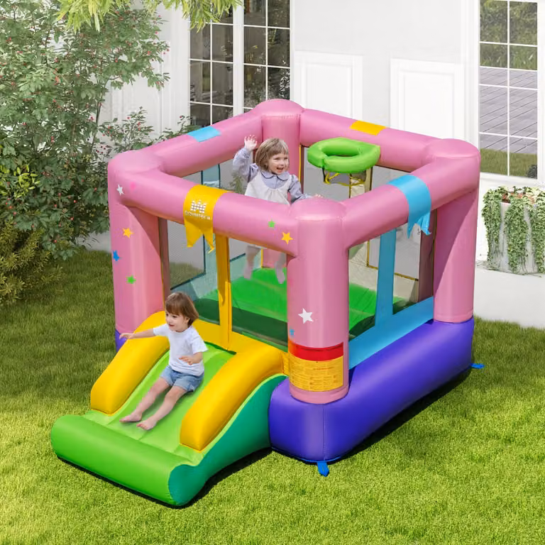 Castello gonfiabile Costway con scivolo, area salti e canestro da basket, multicolore