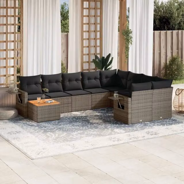 Set Divano da Giardino a L VIDAXL in Polyrattan Grigio con 10 Cuscini