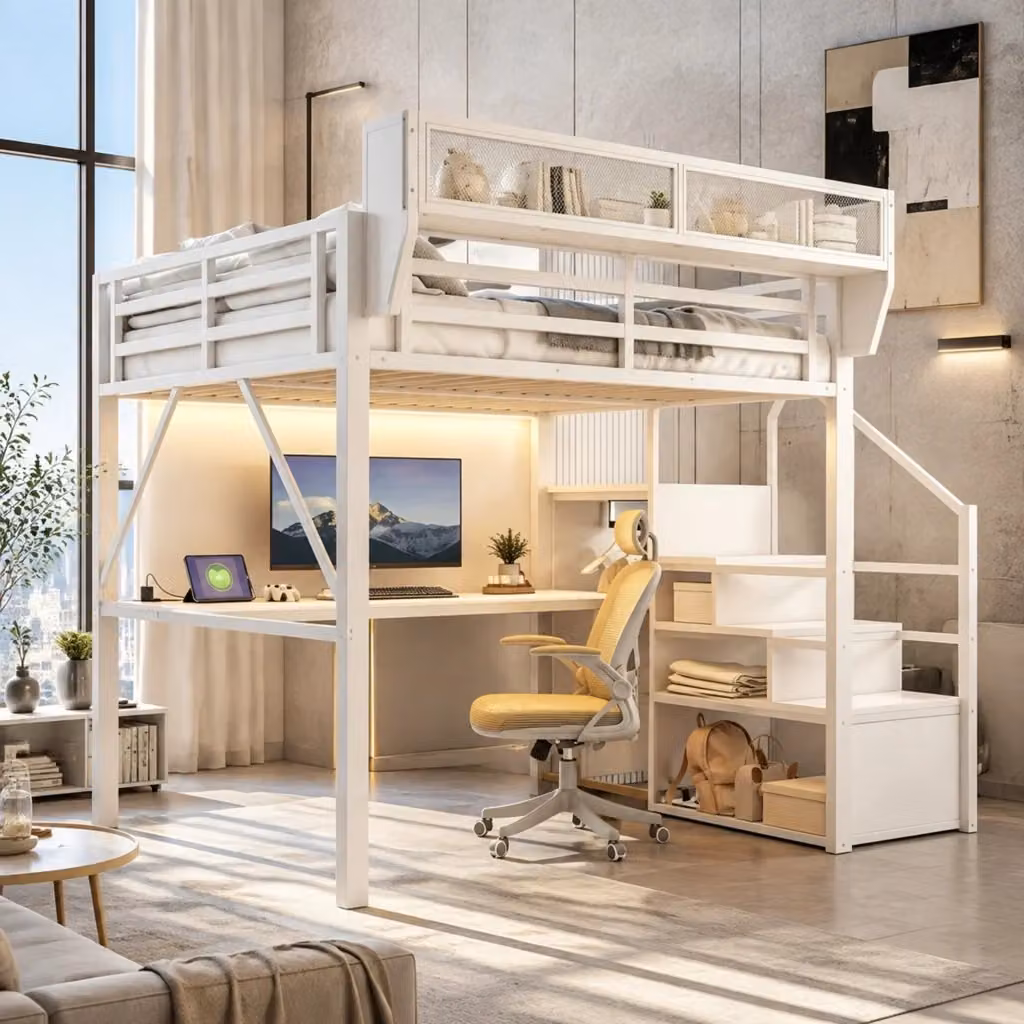 Letto a soppalco MIVRAY bianco con scrivania da 2 m, illuminazione LED, prese USB, scala con gradini e ripiani regolabili, L/P/H: 200 x 140 x 191 cm – 2