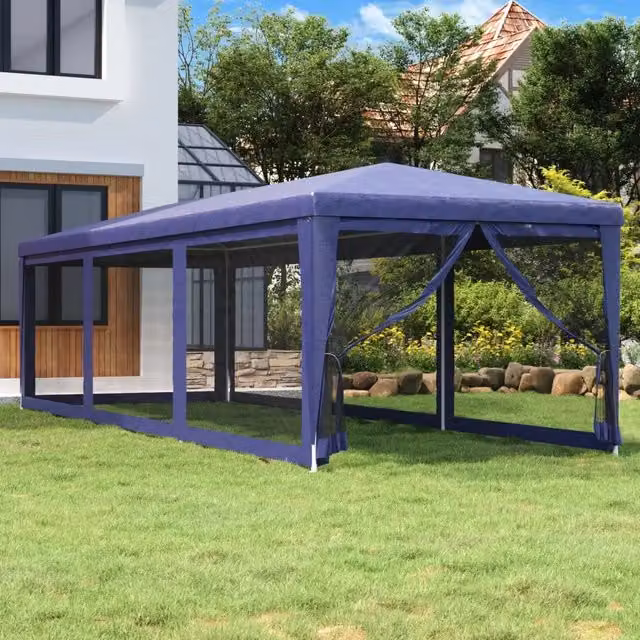 Tenda per feste vidaXL con 8 pareti laterali in rete blu, L: 9 m, P: 3 m