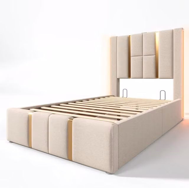 Letto singolo imbottito beige 90x200 cm con LED, funzione ricarica USB Type-C e rete a doghe in legno