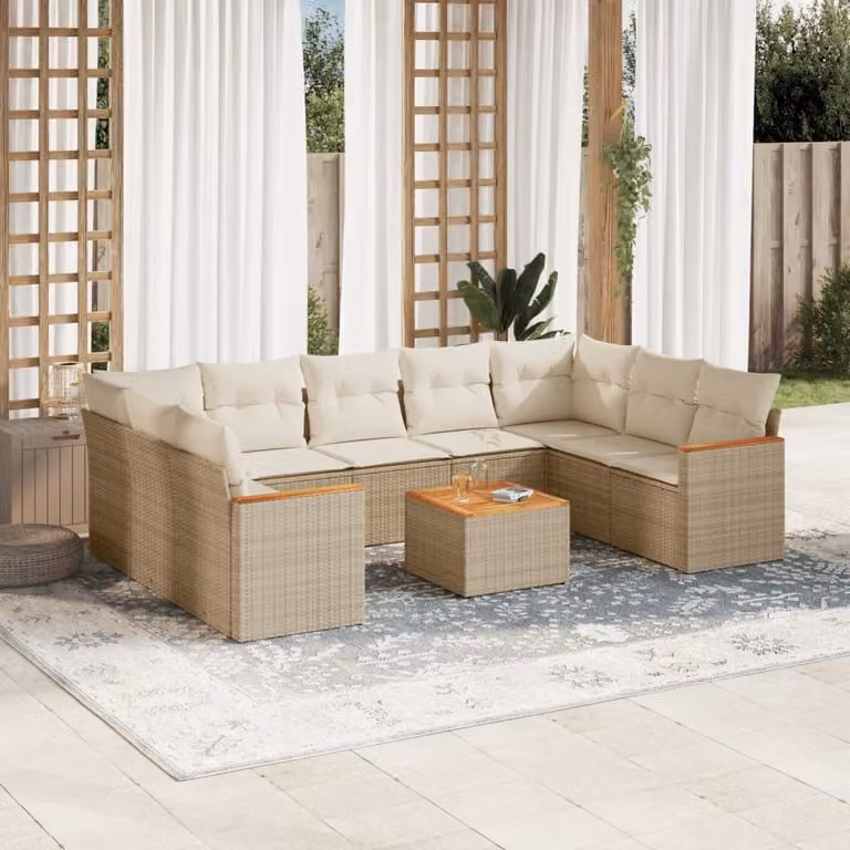 vidaXL Set Divano da Giardino a L 10 pz con Cuscini Beige e Tavolino, Struttura in Acciaio Verniciato e Polyrattan per Terrazza e Giardino