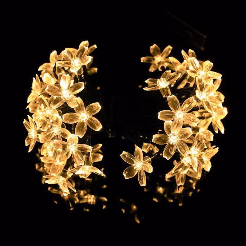 Catena luminosa solare con 100 LED a forma di fiore, lunghezza 7,5 metri, 8 modalità, luce bianca calda, grado di protezione IP65
