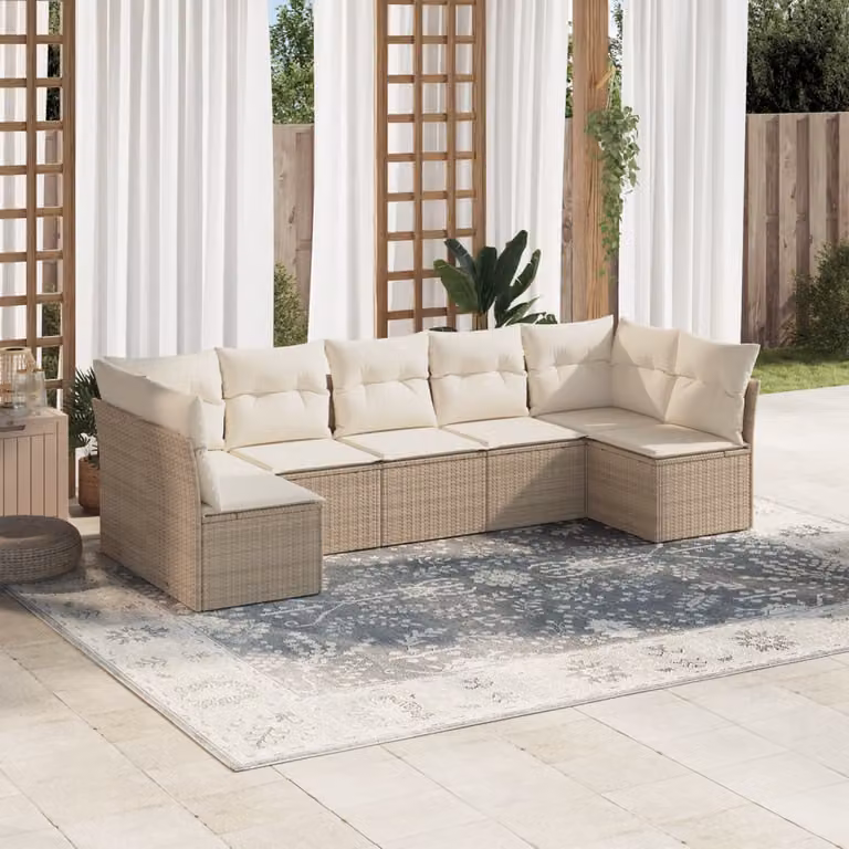 vidaXL Set Divani da Giardino 7 pz a Forma a L con Cuscini Beige e Struttura in Metallo e Polyrattan
