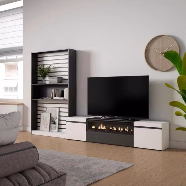 Mobile TV da soggiorno SKRAUT HOME con camino elettrico, per TV fino a 80 pollici, Bianco e nero, L: 310 cm, P: 35 cm, H: 186 cm
