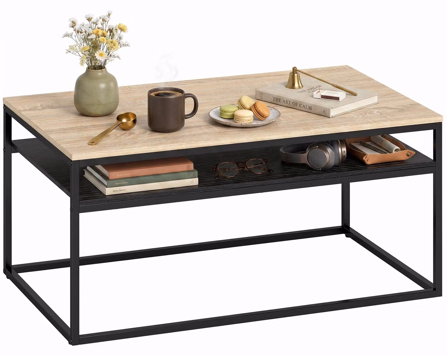 Tavolino da salotto in stile industriale con ripiano, 100 x 59,8 x 47 cm, rovere