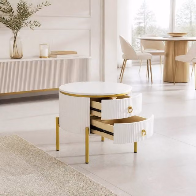 Tavolino bianco effetto marmo con 2 cassetti e gambe regolabili