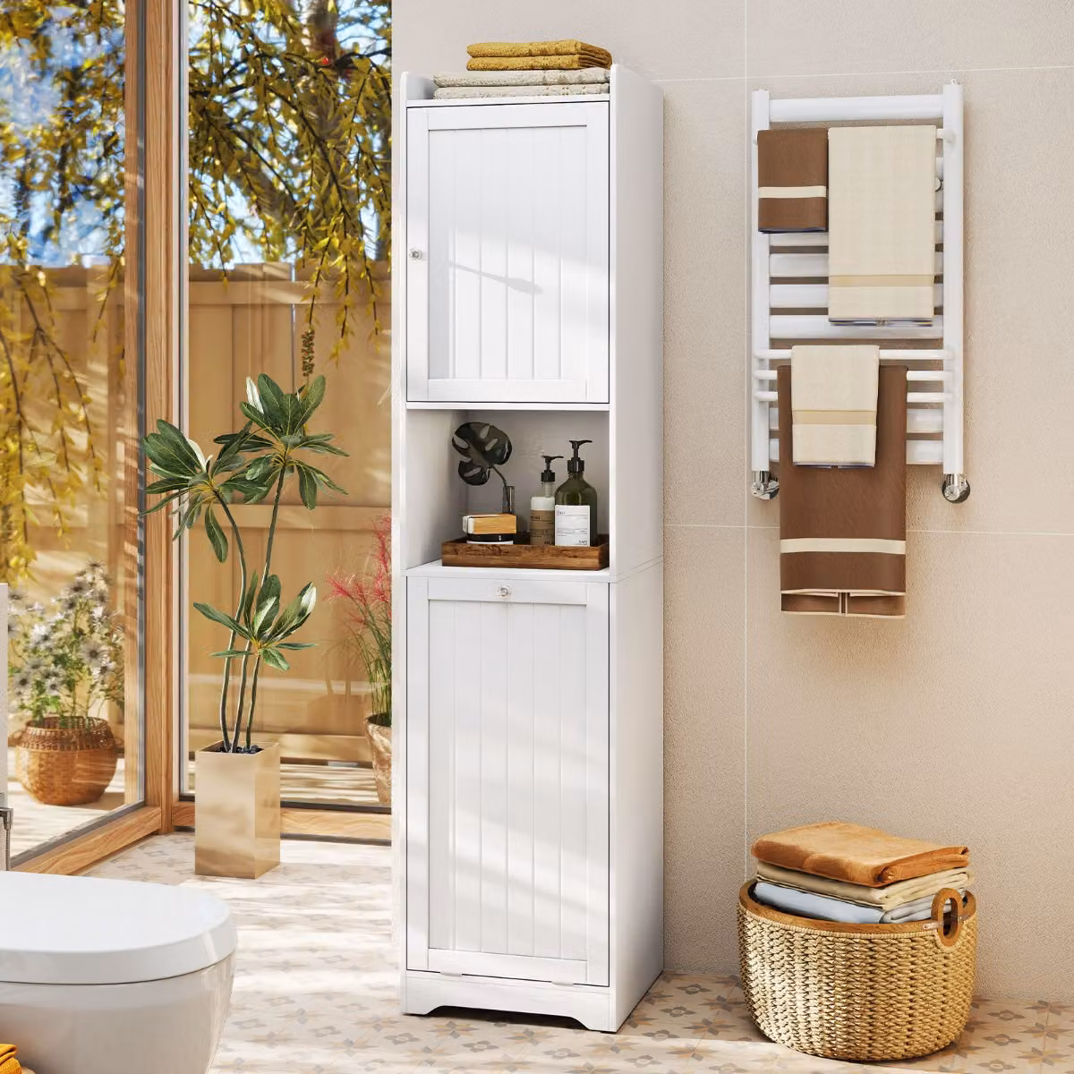 Armadio da bagno e lavanderia autoportante Costway con ripiani regolabili e mensola aperta, Bianco