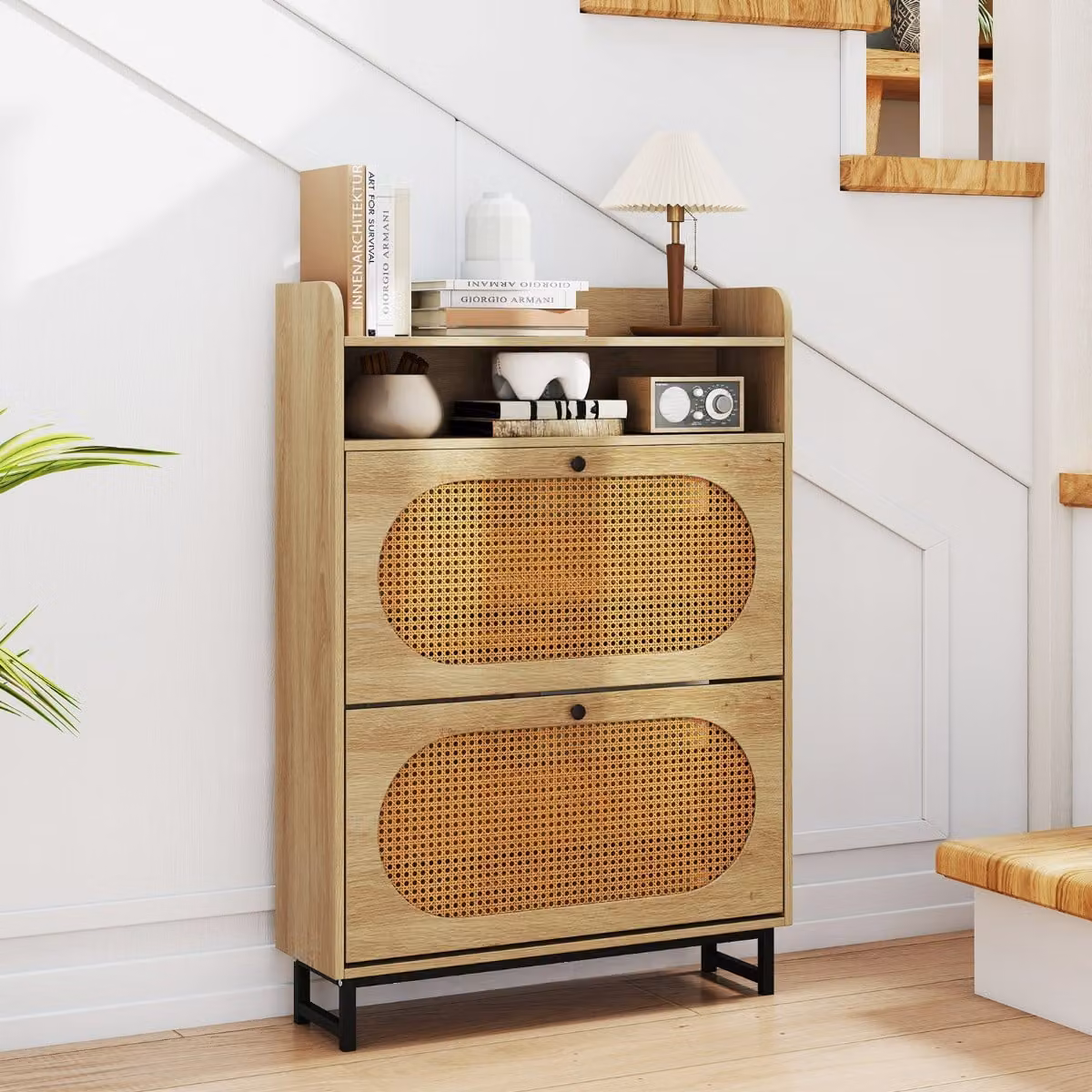 Scarpiera Costway in stile scandinavo con ante in rattan e gambe in metallo, organizer autoportante con 2 cassetti a ribalta, colore naturale beige e marrone