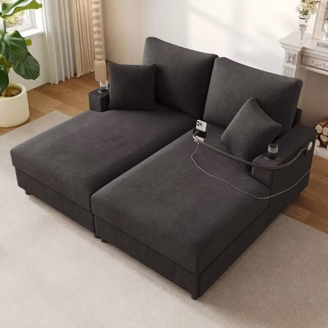 Divano letto matrimoniale con porta cellulare girevole, porte USB e portabicchieri in velluto grigio 163 × 140 × 82 cm