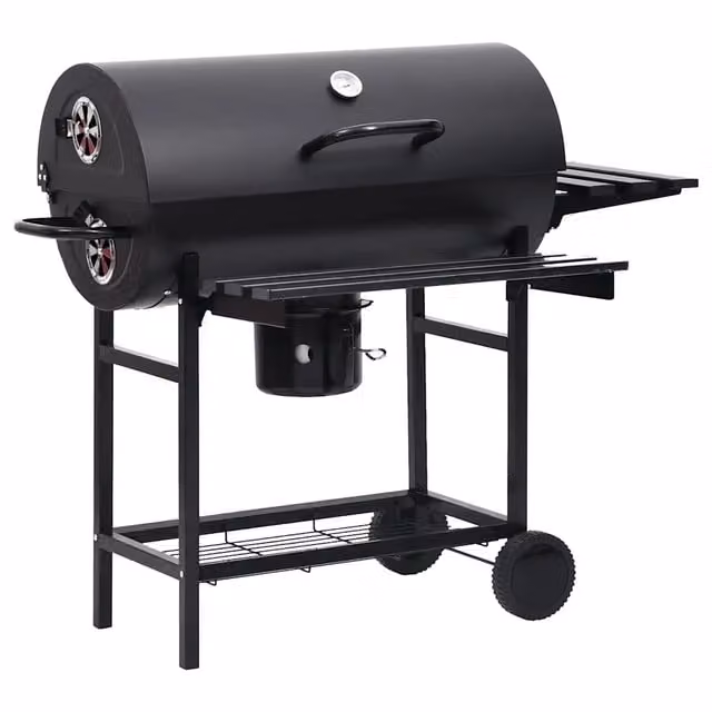 Barbecue a Barile con Ruote e Ripiani Acciaio Nero 115x85x95 cm CFW4450321