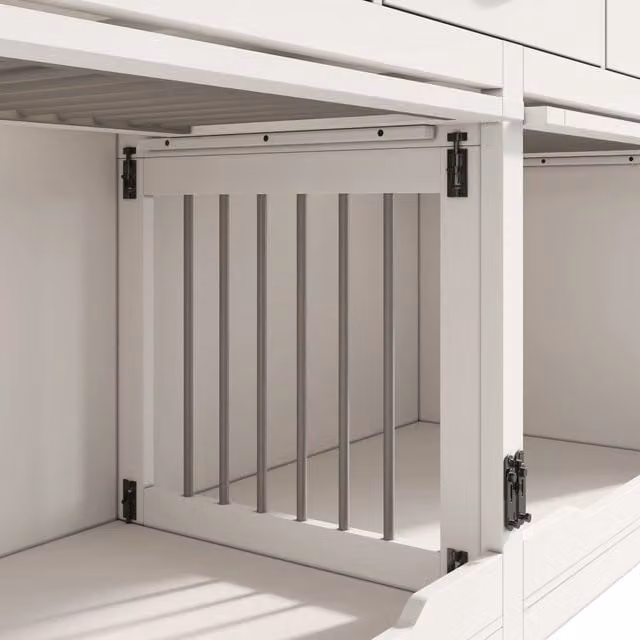 Scaffale OKWISH moderno in legno e metallo con porta ribaltabile, divisorio removibile e 3 cassetti, bianco e nero L: 164 cm, P: 60 cm, H: 81 cm