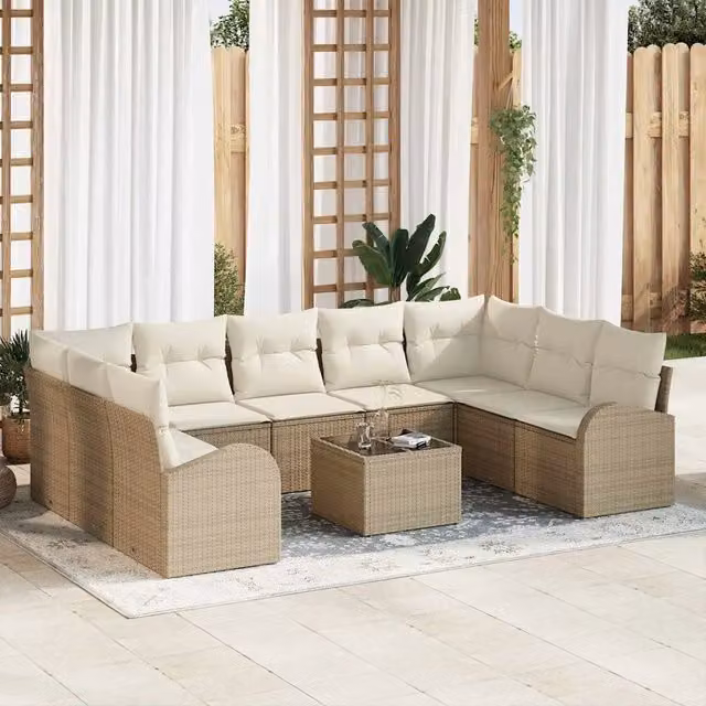Set di divani da giardino vidaXL a forma di U con 9 posti, colore beige, in rattan e metallo con cuscini inclusi e tavolino da esterno – 1